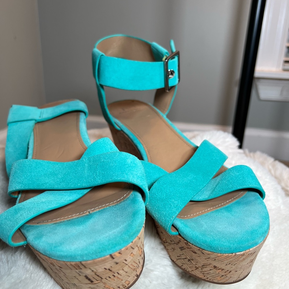 Marc Fisher Aqua Suede Cork Heel Wedge Platform Ankle Strap Sz 11 Sandal